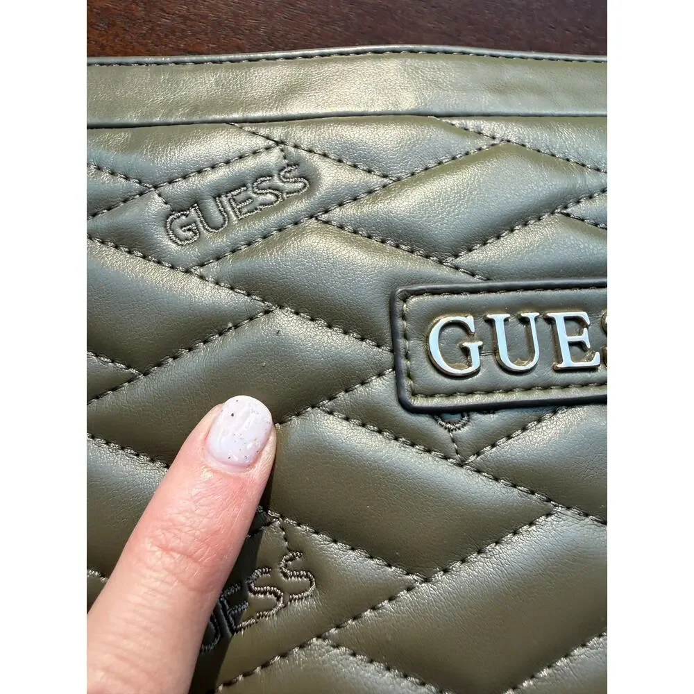 NWT GUESS Olive Green Quilted Logo Cosmetic Pouch Briella Travel Bag